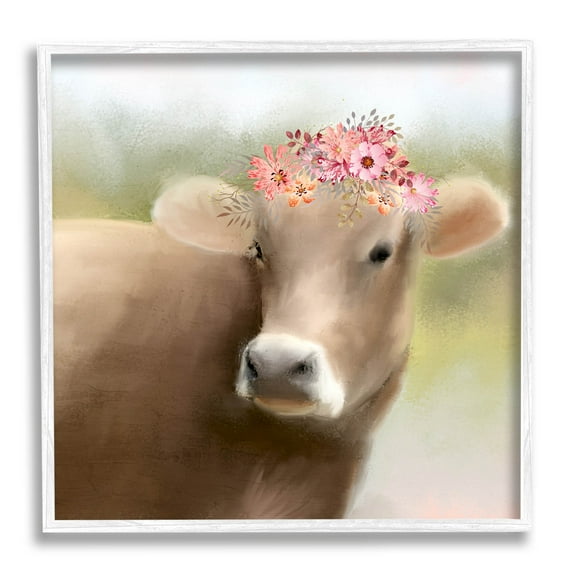 Farm Cow Pink Blooms Arrangement Animals & Insects Graphic Art White Framed Art Print Wall Art