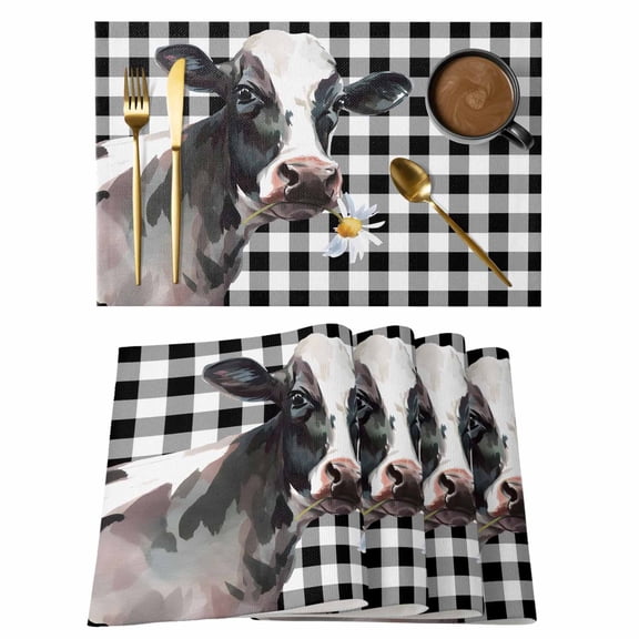 Farm Cow Placemats Set of 4 White Daisy Black Plaid Watercolor Country Style Heat Insulation Washable Place Mats, Rustic Non-Slip Table Mats for Dining Table Party Kitchen Decor,13x19 Inch