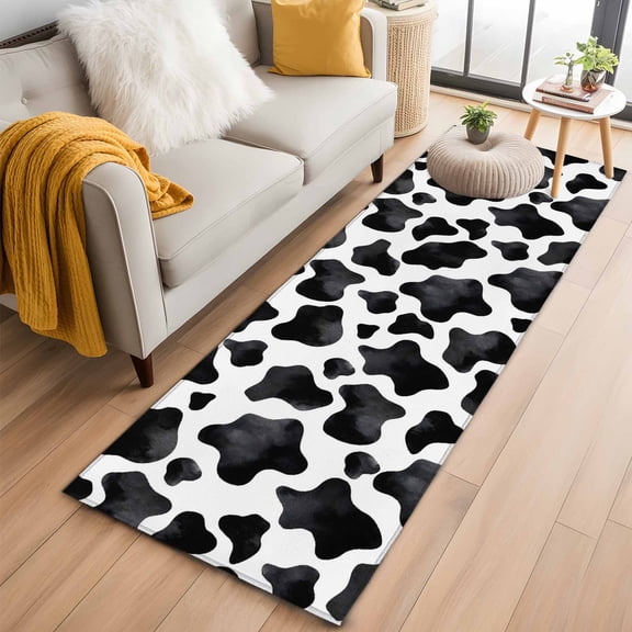 Farm Cow Print 2'x6' Runner Rug for Hallway Walkway Kitchen Galley, Country Black and White Cowhide Animal Patterned Low Pile Non Slip Long Area Rug, Machine Washable Indoor Outdoor Mat