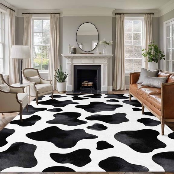 Farm Cow Print 5'x8' Rug for Bedroom Under Queen Bed Placement, Country Black and White Cowhide Animal Patterned Non Slip Large Rectangle Area Rug, Machine Washable Indoor Outdoor Mat