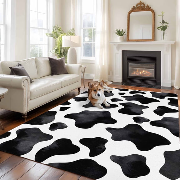 Farm Cow Print Washable Area Rug 5x8 Country Black and White Cowhide Animal Patterned Low-Profile Large Area Rugs Non Slip Indoor Floor Carpet for Entrance Living Room Bedroom Home Office