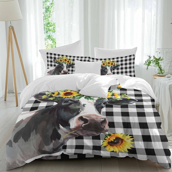 Farm Cow Queen Size Comforter Set, Sunflower Black Plaid Watercolor Country Style Bedding for All Seasons, 4 Pcs Bed Set, 1Quiltcover (90"x92") ,1Sheet(94"x116"), 2Pillowcases (30"x20")