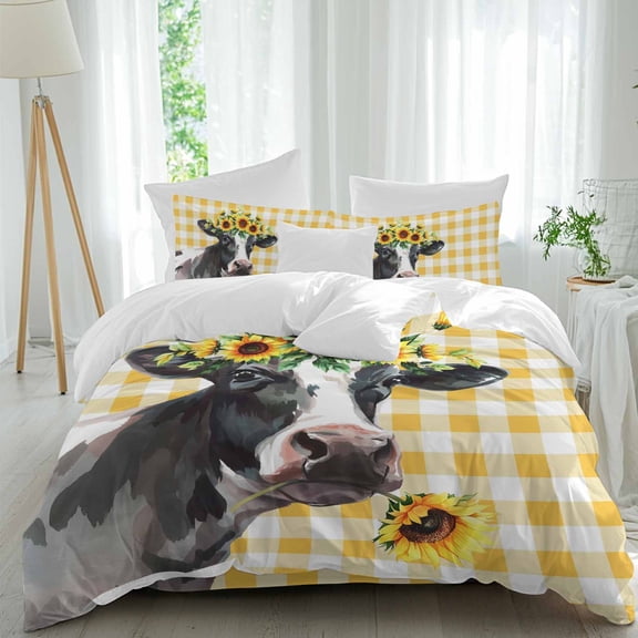 Farm Cow Queen Size Comforter Set, Sunflower Yellow Plaid Watercolor Country Style Bedding for All Seasons, 4 Pcs Bed Set, 1Quiltcover (90"x92") ,1Sheet(94"x116"), 2Pillowcases (30"x20")