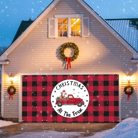 Farm Cow Red Truck Christmas Garage Door Decorations, 6.9x16ft Garage Door Cover Banner with Grommets, Outdoor Garage Door Backdrop Mural for Holiday Party Wall Decor, Poinsettia Snow Buffalo Plaid
