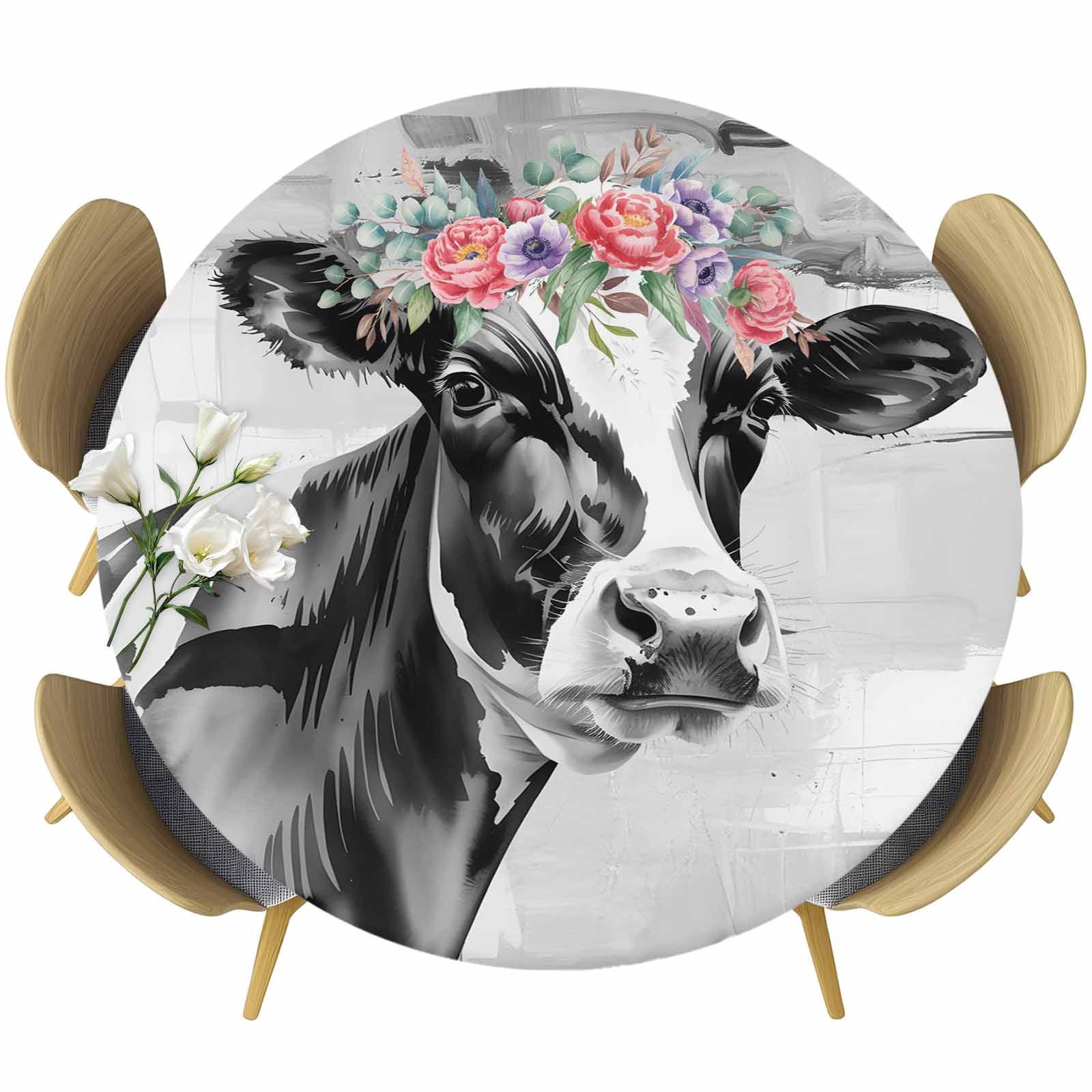 Farm Cow Round Tablecloth, Fitted Table Cover with Elastic for 45