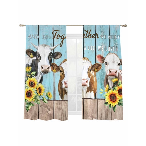 Farm Cow Sheer Curtains 2 Panels Set Yellow Sunflower Blue Wood Grain Idyllic Animal Sheer Window Curtains Light Filtering Rod Pocket Voile Drapes for Bedroom Living Room 52"x63"