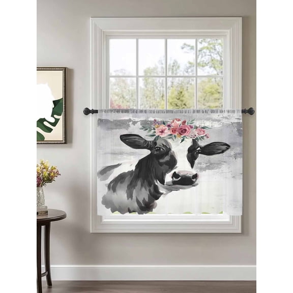 Farm Cow Sheer Curtains 54 Inch Long 1 Panel Vintage Black Grey Cattle with Floral Rod Pocket Voile Cafe Curtains Light Filtering Small Window Treatments for Kitchen Basement 52" x 54"