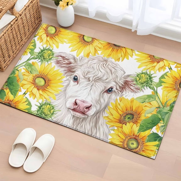 Farm Cow Sunflower 2'x3' Rug for Entryway Front Door Kitchen Sink Area, Country Farmhouse White Cow Yellow Flower Low Pile Non Slip Rectangle Area Rug, Machine Washable Indoor Outdoor Mat