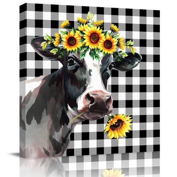 Farm Cow with Sunflower Canvas Artwork Painting Art, Country Buffalo Black and White Plaid Square Framed Wall Decorations Prints Picture for Bedroom Kitchen Living Room, 12x12 in