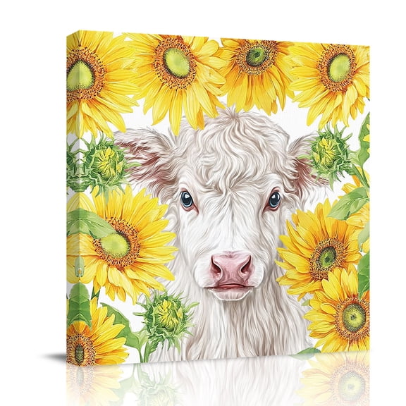 Farm Cow Sunflower Canvas Wall Art for Living Room, Country Farmhouse White Cow Yellow Flower Poster Print Painting for Bedroom Office Home Decoration Wall Pictures Prepare To Hang 8"x8"
