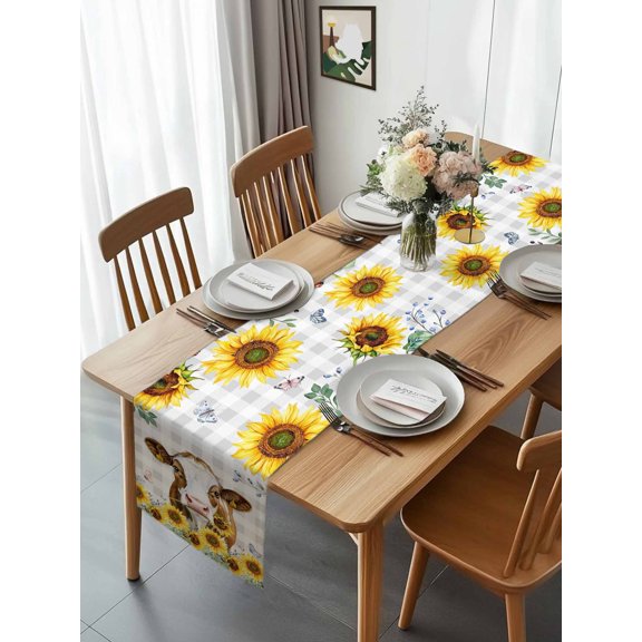 Farm Cow Sunflower Flower Table Runner 13x70in Non-Slip Cotton Linen Table Runners, Grey White Check Plaid Dresser Scarves TableRunner for Dinner Kitchen Dining Wedding Party