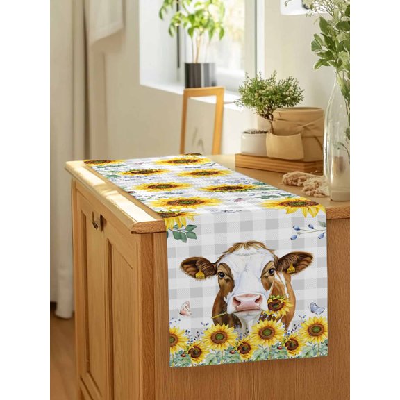 Farm Cow Sunflower Flower Table Runner 13x90in Non-Slip Cotton Linen Table Runners, Grey White Check Plaid Dresser Scarves TableRunner for Dinner Kitchen Dining Wedding Party