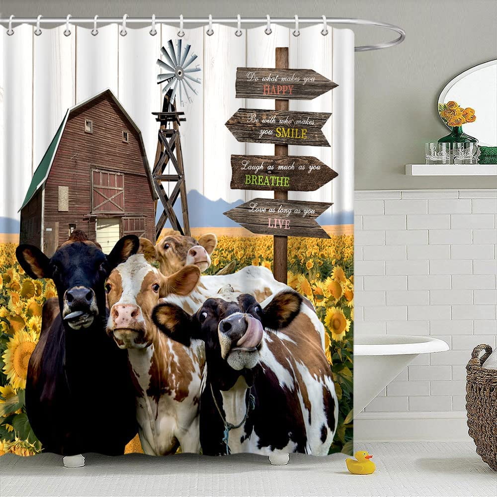 Farm Cow Sunflower Shower Curtain,Rustic Vintage Windmill Farmhouse Animal Wooden Board Barn