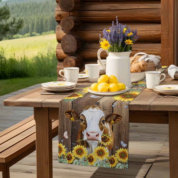Farm Cow Sunflower Table Runner 13x36in Non-Slip Cotton Linen Table Runners, Farmhouse Animal Brown Wooden Dresser Scarves TableRunner for Dinner Kitchen Dining Wedding Party