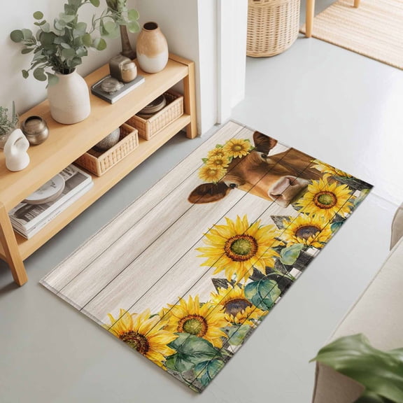 Farm Cow Sunflower Wood Fence Rectangle Rug 2'x3' Retro Wooden Plank Animal Washable Area Rugs for Living Room Bedroom Entryway Non Slip Entrance Door Mat Indoor Floor Carpet