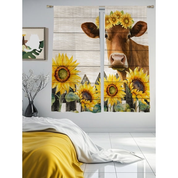 Farm Cow Sunflower Wood Fence Sheer Curtains 2 Panels Set Retro Wooden Plank Animal Pattern Lihgt Filtering Rod Pocket Voile Drape,Semi Sheer Window Curtains for Bedroom Living Room,52"x63"
