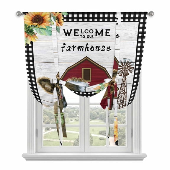 Farm Cow Tie Up Curtains 45 Inches Long, Kitchen Window Curtains Over Sink, Country Cabin Red Barn Animals Sunflowers Plaid Small Window Curtains Shade Balloon Curtains Valances for Bedroom 34"x45"