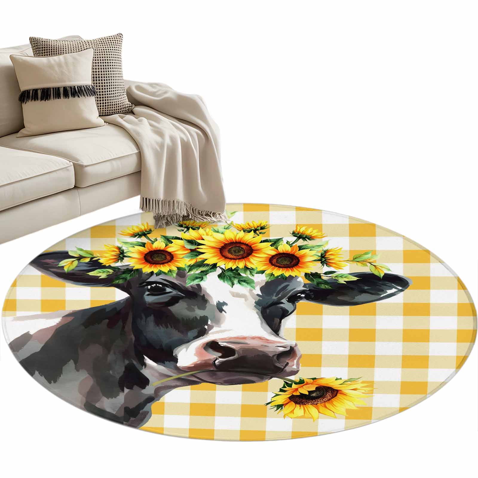 Farm Cow Washable Round Area Rug 4 ft, Sunflower Yellow Plaid ...
