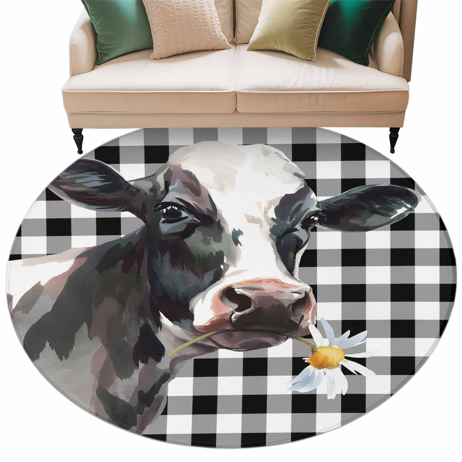 Farm Cow Washable Round Area Rug 5 ft, White Daisy Black Plaid ...