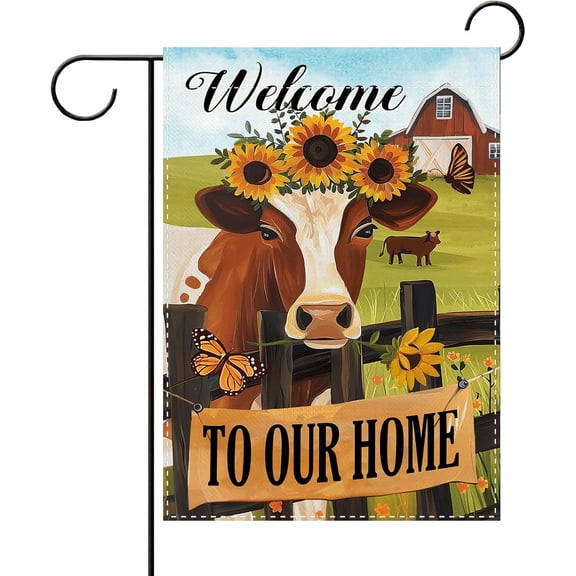 Farm Cow Welcome To Our Home Decorative Garden Flag, Vintage Farmhouse Animals Country Barn Small Yard Outside Decorations, Rustic Burlap Outdoor Home Decor Double Sided Farm Gifts 12 x 18
