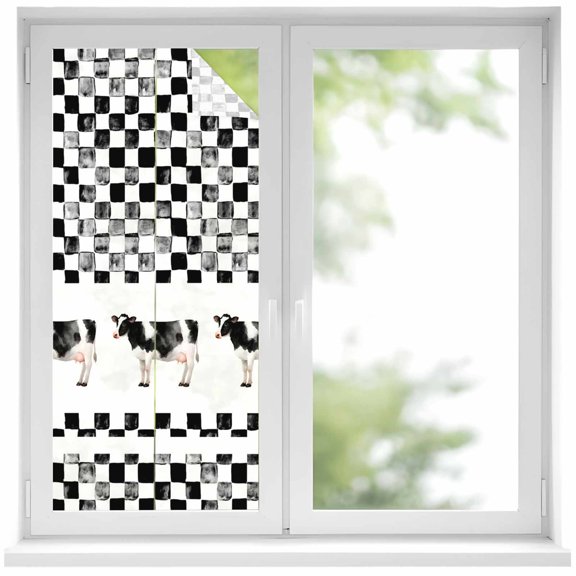 Farm Cow Window Privacy Film, Country Farmhouse Cows Abstract Black Checkered Plaid Frosted Glass Window Clings Static Cling UV Heat Blocking Reusable Door Sticker for Bathroom 17.7 x 39.3 Inch