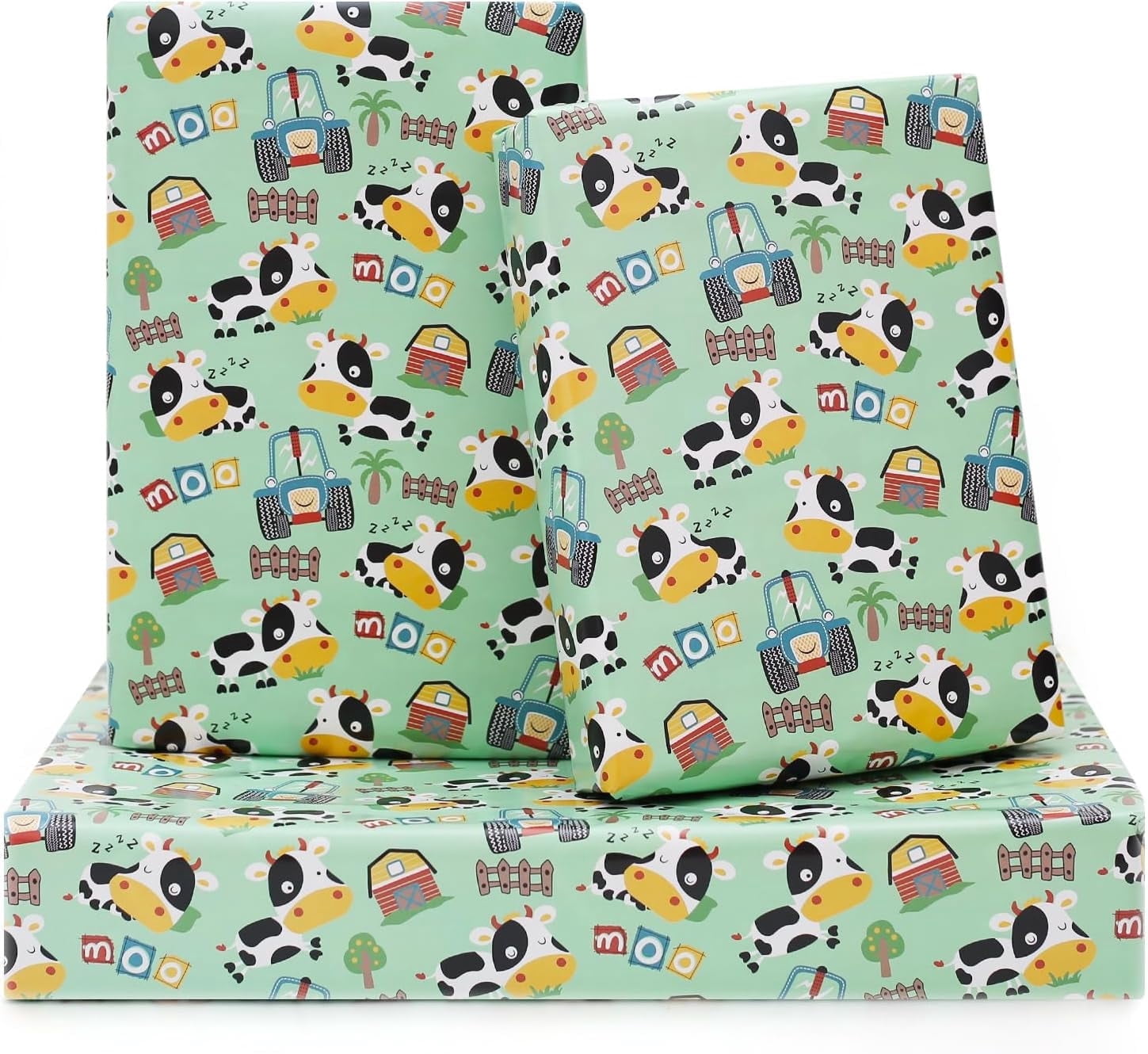 Farm Cow Wrapping Paper for Boys Girls Kids, Cute Cow Farmhouse Tractor Farm Theme Design Green Birthday Paper 6 Sheets Folded Flat 20x28 inches per Sheet for Birthday Party Baby Shower