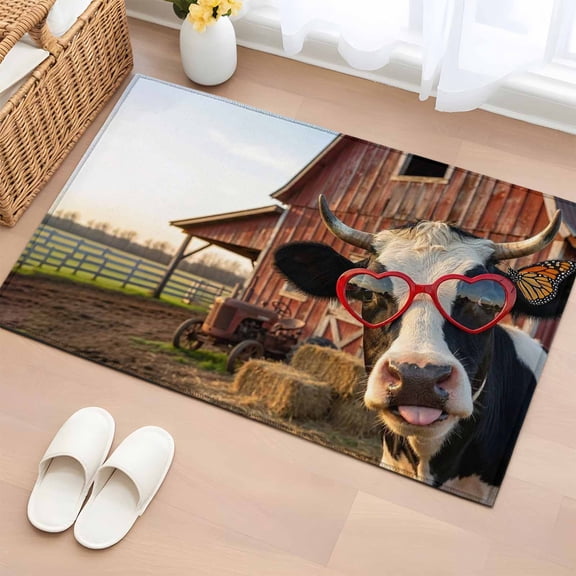 Farm Cows Entryway Rug 2'x3'&nbsp; Non Slip Front Door Mats, Farmhouse Barn Funny Animals Butterfly Entrance Rugs Indoor Outdoor Carpet, Washable Floor Mats Small Area Rug for Bedroom Kitchen