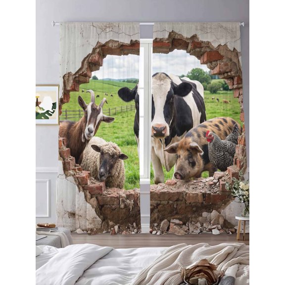 Farm Cows Goats Pigs Chicken Sheer Curtains 2 Panels Set Summer Pastoral Meadow Lihgt Filtering Rod Pocket Voile Drape,Semi Sheer Window Curtains for Bedroom Living Room,52"x84"