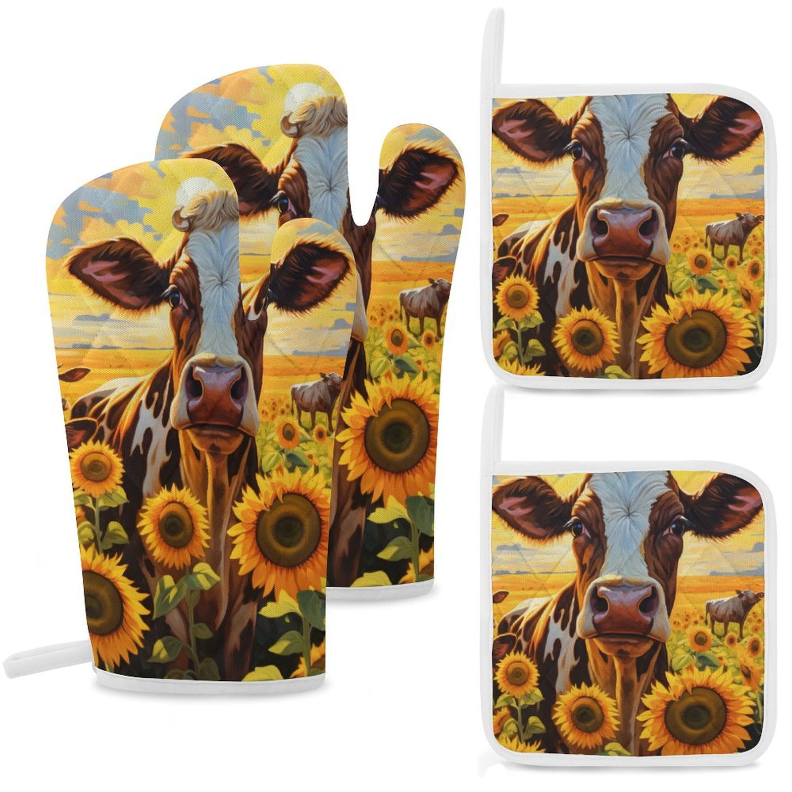 Farm Cows Heat Resistant Microwave Oven Gloves Set for BBQ Baking Grilling,Baking Gifts Cooks for Women,Housewarming Gifts for New Home