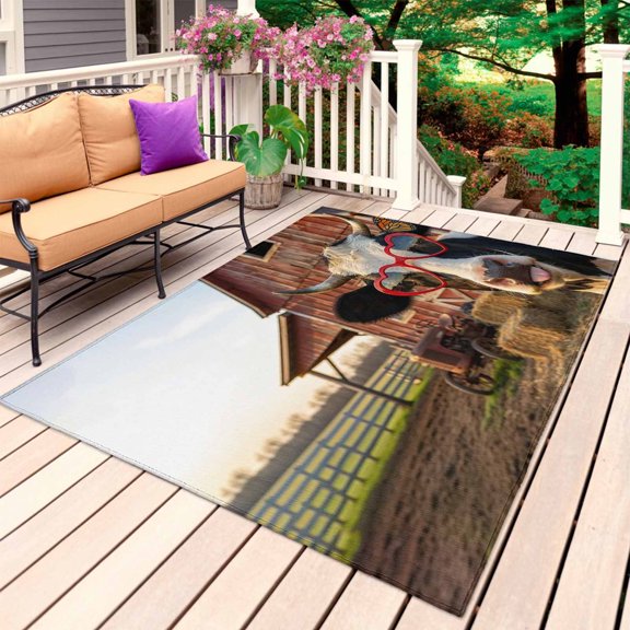 Farm Cows Outdoor Rug 3x5 Ft, Non Slip Washable Area Rug, Farmhouse Barn Funny Animals Butterfly Patio Rugs Carpet Runner, Large Floor Mat for Indoor/Outdoor Deck Porch Camping