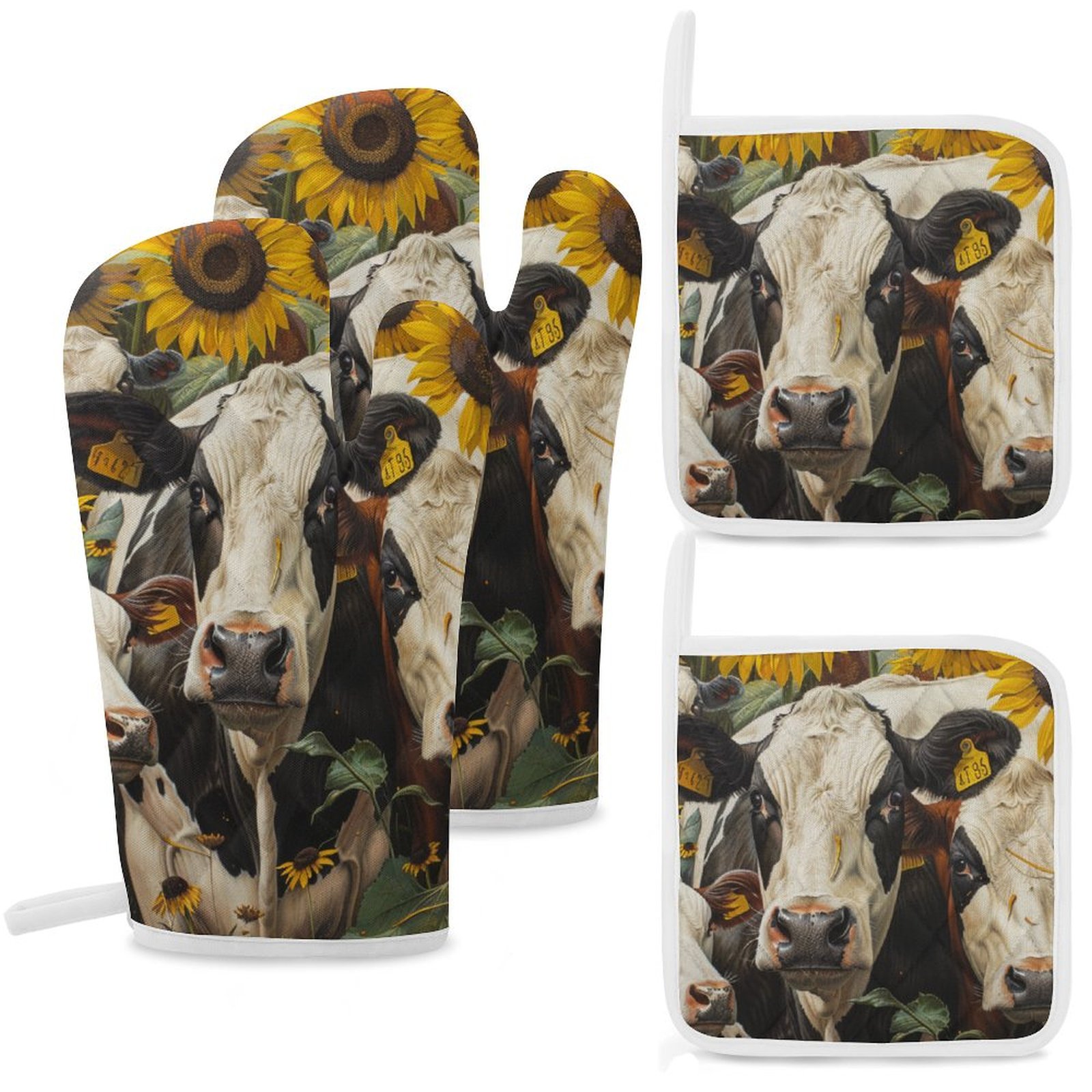 Farm Cows Oven Mitts And Pot Holders Sets of 4 Oven Gloves Set Potholders for Kitchen Cooking Baking Grilling Anti Scald Hot Pads And Heat Resistant