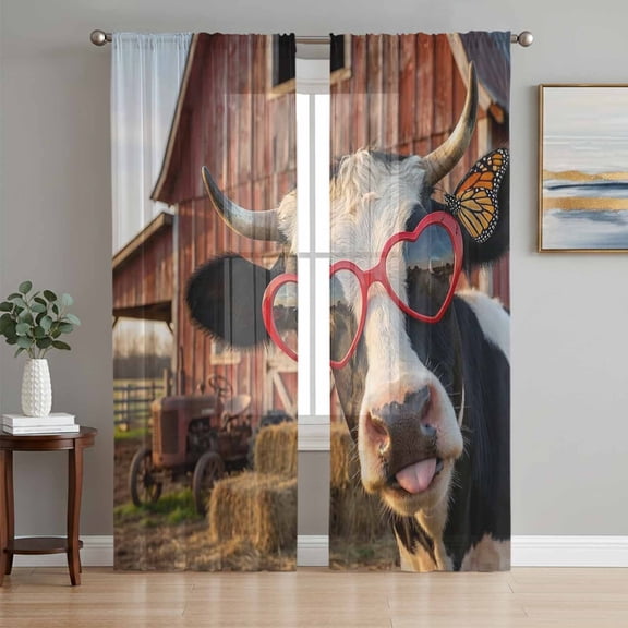 Farm Cows Sheer Curtains 96 Inches Long 2 Panels Set, Window Sheer Curtains for Living Room/Bedroom, Farmhouse Barn Funny Animals Butterfly Light Filtering Rod Pocket Curtain 52''x96''x2