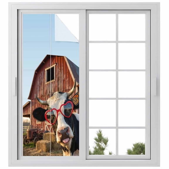 Farm Cows Window Privacy Film, Farmhouse Barn Funny Animals Butterfly Static Cling UV Sun Blocking Heat Control Window Tint Day and Night, Non-Adhesive One Way Windows Privacy Cover 23.6''x59''