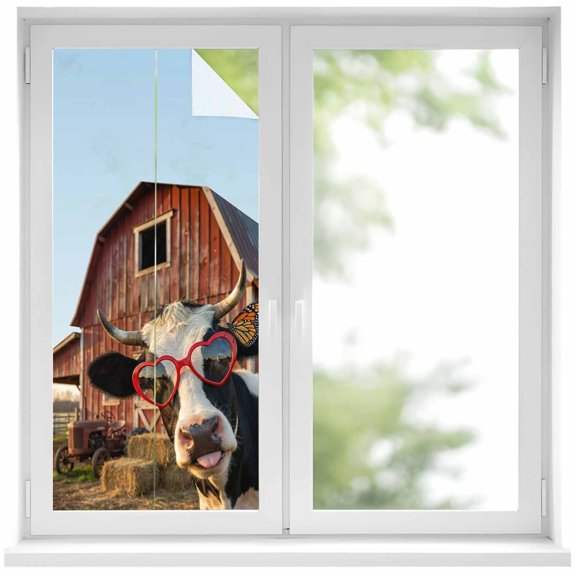 Farm Cows Window Privacy Film, Farmhouse Barn Funny Animals Butterfly Static Cling UV Sun Blocking Heat Control Window Tint Day and Night, Non-Adhesive One Way Windows Privacy Cover 19.6''x39.3''