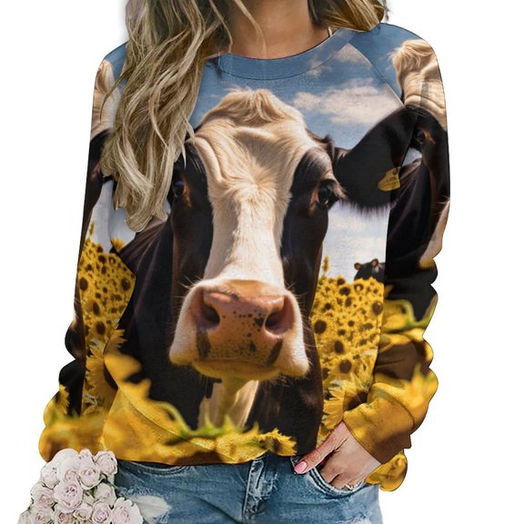 Farm Cows Women's Floral Printed Sweatshirt Long Sleeve Crewneck Casual Loose Vintage Graphic Pullover Tops