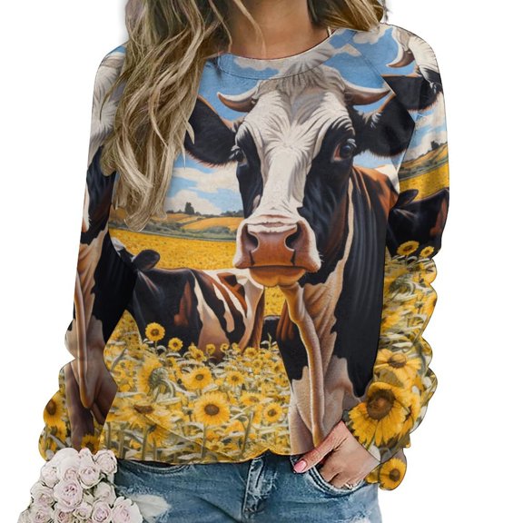 Farm Cows Women's Floral Printed Sweatshirt Long Sleeve Crewneck Casual Loose Vintage Graphic Pullover Tops