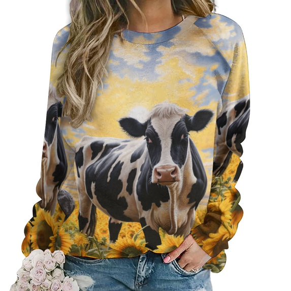 Farm Cows Women's Floral Printed Sweatshirt Long Sleeve Crewneck Casual Loose Vintage Graphic Pullover Tops