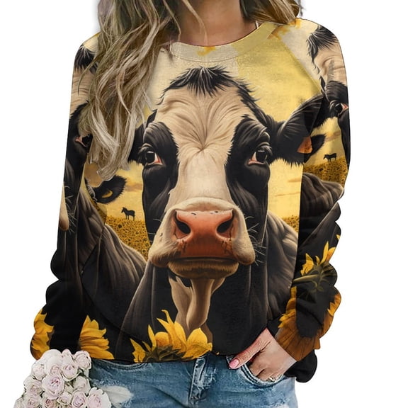 Farm Cows Women's Floral Printed Sweatshirt Long Sleeve Crewneck Casual Loose Vintage Graphic Pullover Tops