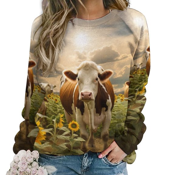 Farm Cows Women's Floral Printed Sweatshirt Long Sleeve Crewneck Casual Loose Vintage Graphic Pullover Tops