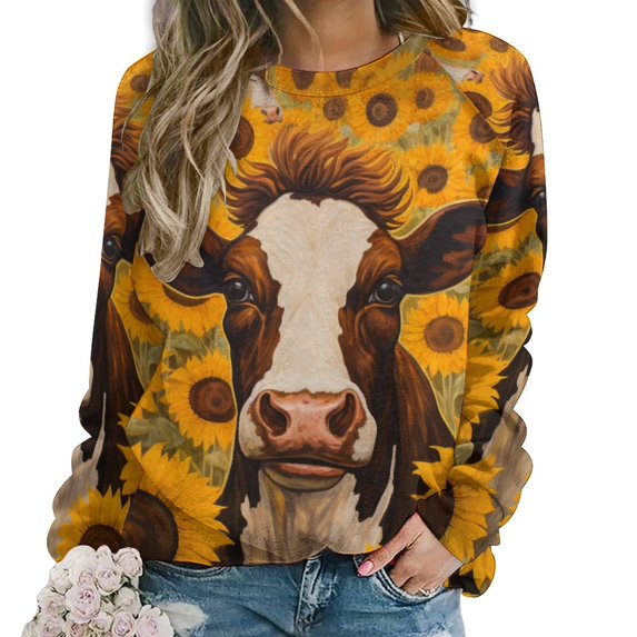 Farm Cows Women's Floral Printed Sweatshirt Long Sleeve Crewneck Casual Loose Vintage Graphic Pullover Tops