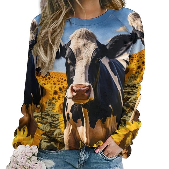 Farm Cows Women's Floral Printed Sweatshirt Long Sleeve Crewneck Casual Loose Vintage Graphic Pullover Tops