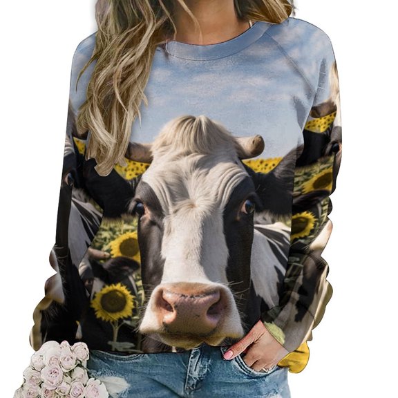 Farm Cows Women's Floral Printed Sweatshirt Long Sleeve Crewneck Casual Loose Vintage Graphic Pullover Tops