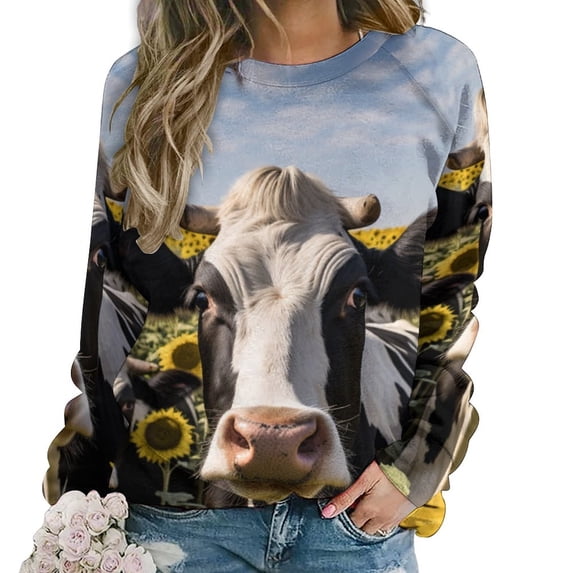 Farm Cows Women's Floral Printed Sweatshirt Long Sleeve Crewneck Casual Loose Vintage Graphic Pullover Tops