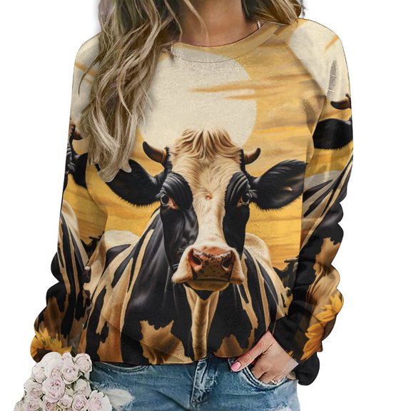 Farm Cows Women's Floral Printed Sweatshirt Long Sleeve Crewneck Casual Loose Vintage Graphic Pullover Tops