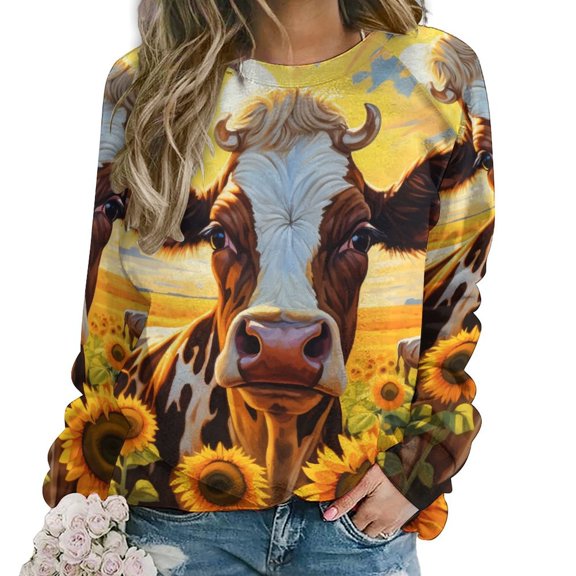 Farm Cows Women's Floral Printed Sweatshirt Long Sleeve Crewneck Casual Loose Vintage Graphic Pullover Tops