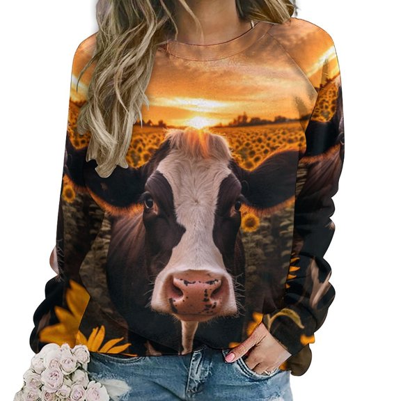 Farm Cows Womens Casual Crewneck Sweatshirt Long Sleeve Tops Cute Pullover Loose Fit