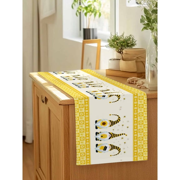 Farm Cute Gnome with Bee Table Runner 13x90in Non-Slip Cotton Linen Table Runners, Farm Flowers Buffalo Plaid Dresser Scarves TableRunner for Dinner Kitchen Dining Wedding Party