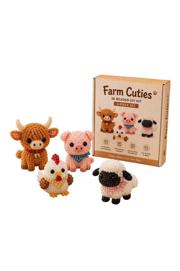 Farm Cuties DIY Beaded Craft Kit, Chicken Cow Pig Pony Bead Patterns for Keychain Bag Charm, Beginner Beading Set for Adults and Teens