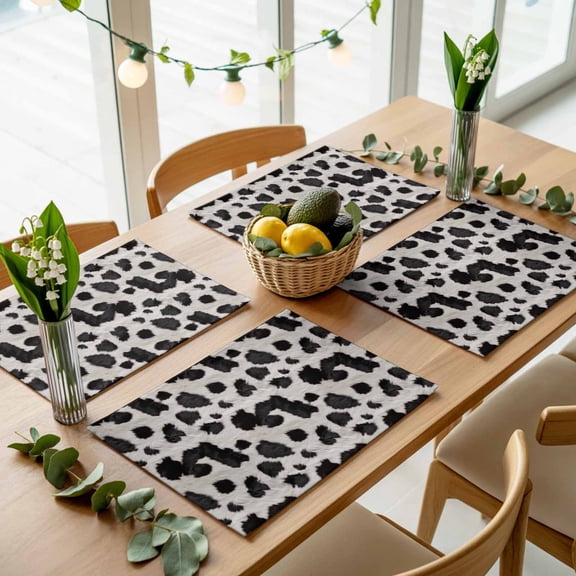 Farm Dairy Cow Skin Spots Placemats Set of 4,Wipeable Washable Table Mats for Dining Tables, Black White Color Block Place Mats for Kitchen Event Party Tabletop Decor