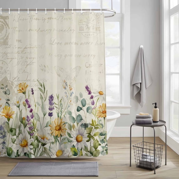 Farm Daisy Flower Leaves Shower Curtain Set, Waterproof Shower Curtains With Grommet Hooks, Vintage Letters Stamp Privacy Bathroom Curtain for Bathtub 60x72IN
